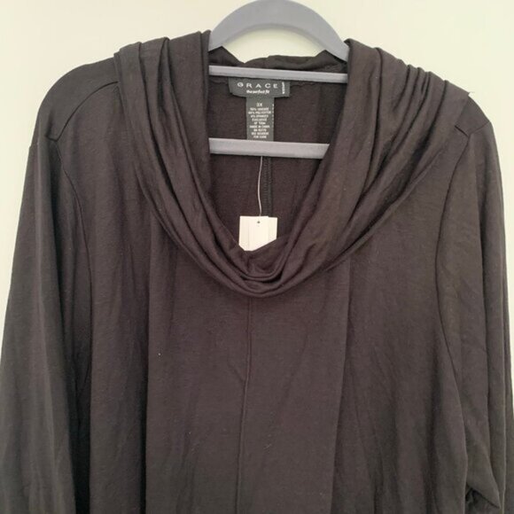 NEW Grace black cowl neck long sleeve jersey knit sharkbite hem sweater top - Picture 2 of 7